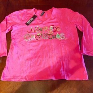 Berek Womens Merry Christmas‎ Pink Long Sleeve Top Sequin embellishments V neck